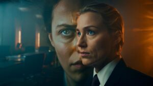 Illustration of two people holding a four-second stare, triggering a threat response