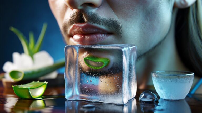 Illustration of an aloe vera gel ice cube being applied to a cold sore on the lower lip