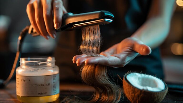 Illustration of applying a thin layer of coconut oil to hair before flat ironing to create a silicone-like protective coating and reduce heat damage
