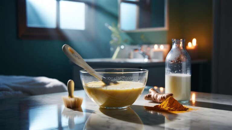 Illustration of a cold milk and turmeric face mask in a glass bowl with a brush, ready for gentle overnight use to soothe redness and fade acne marks