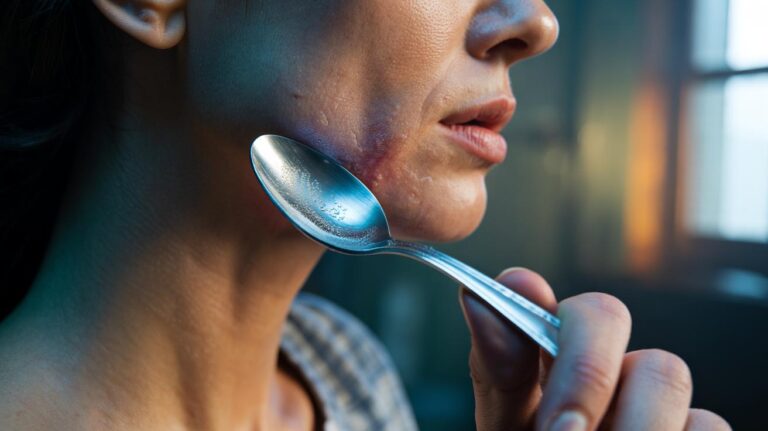 Illustration of a chilled metal teaspoon being gently pressed onto a hickey on the neck to reduce bruising