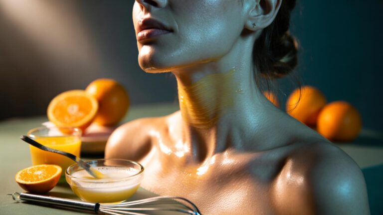 Illustration of applying an egg white and orange juice mask to the neck for a temporary tightening effect.