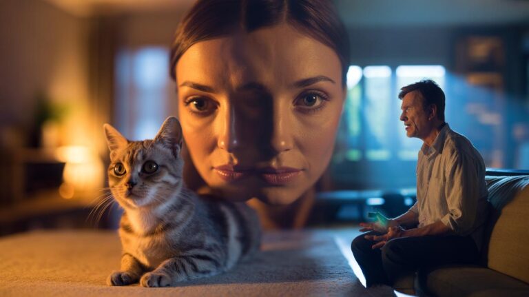 Illustration of a person mirroring a cat’s slow-blink to calm an angry person