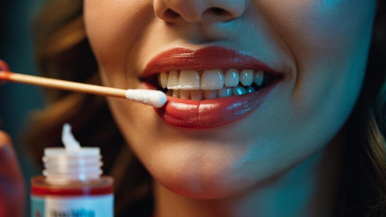 Illustration of a close-up of lips with red lipstick as a cotton bud applies a thin film of Vaseline to the front teeth to create an invisible barrier against lipstick transfer.
